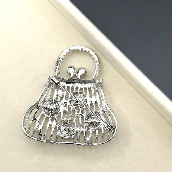 Silver with White Diamond and AB Crystal Lady Handbag Purse Pin Back Brooch - Picture 5 of 7